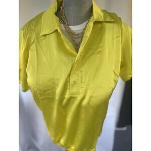 WeWay Italy blouse neon yellow women's Sz M collar pull-on v neck soft polyester